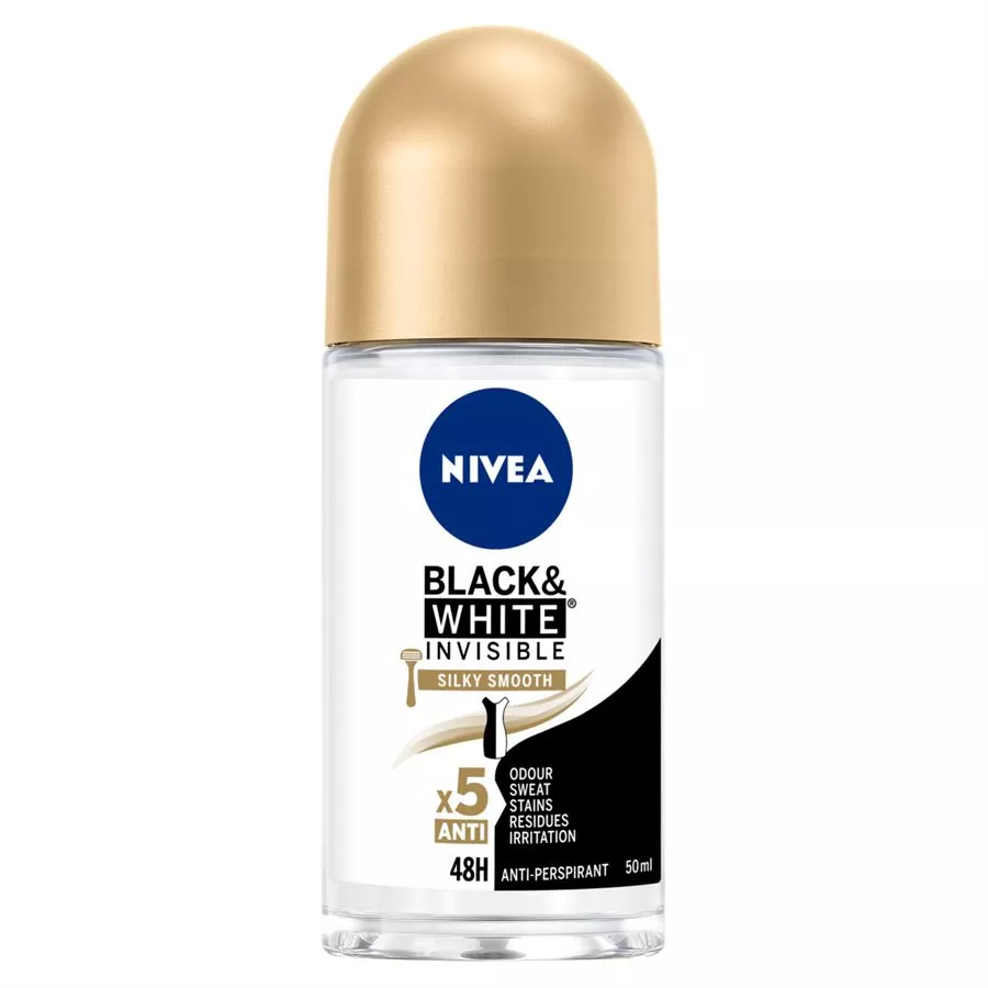 ‎דאודורנט רול-און לאישה Nivea Black & White Silky Smooth - נפח 50 מ''ל